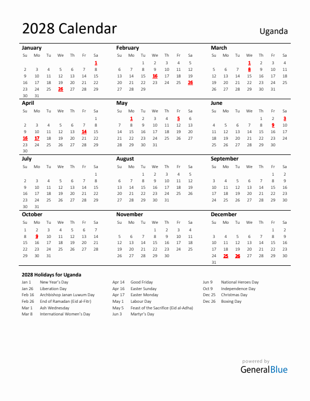 Standard Holiday Calendar for 2028 with Uganda Holidays 