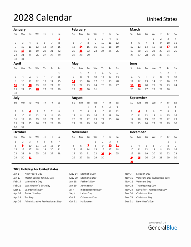 Standard Holiday Calendar for 2028 with United States Holidays 
