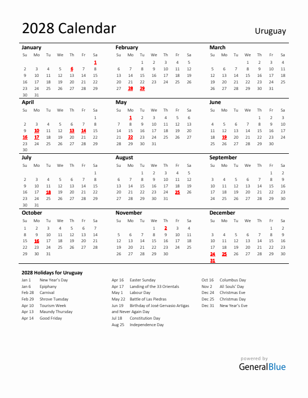 Standard Holiday Calendar for 2028 with Uruguay Holidays 