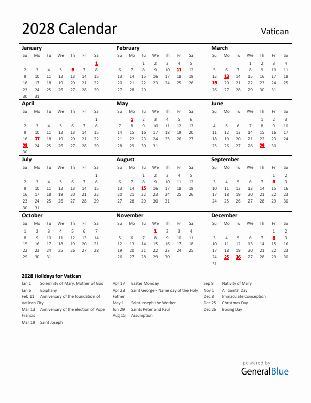 Standard Holiday Calendar for 2028 with Vatican Holidays 