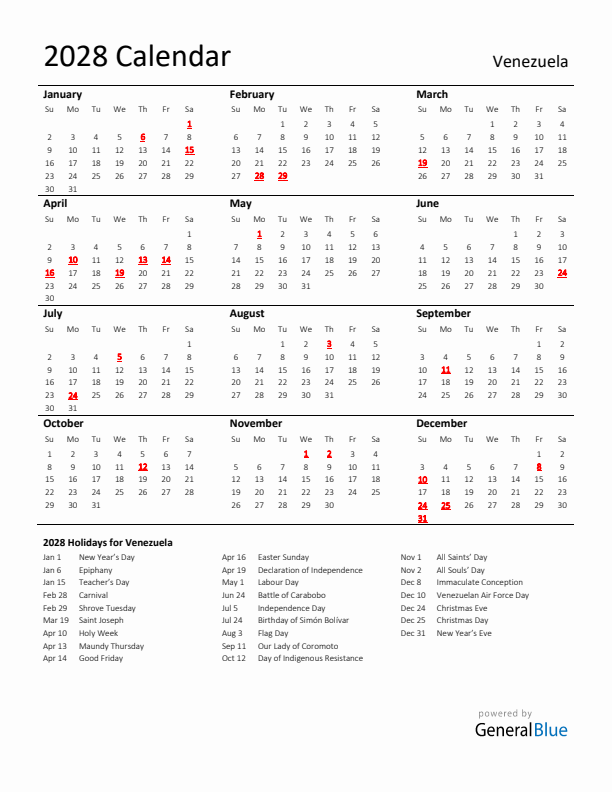 Standard Holiday Calendar for 2028 with Venezuela Holidays 