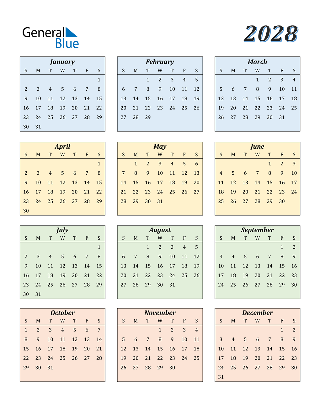 2028 Calendar PDF Word Excel 