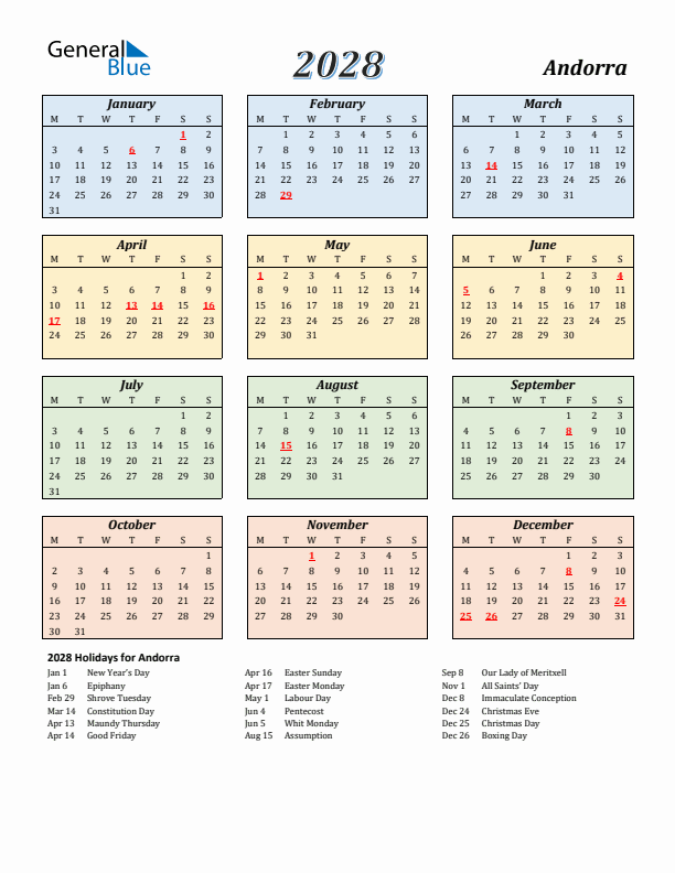 Andorra Calendar 2028 with Monday Start
