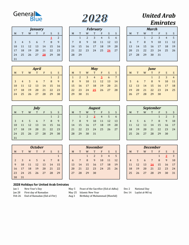United Arab Emirates Calendar 2028 with Monday Start
