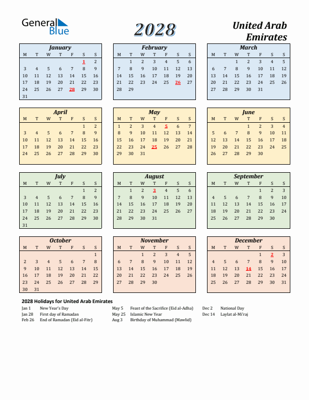 United Arab Emirates Calendar 2028 with Monday Start