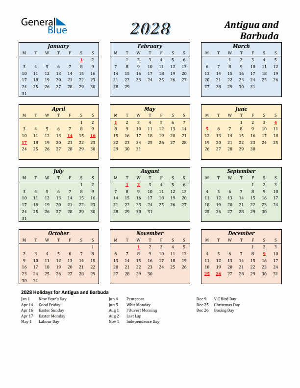 Antigua and Barbuda Calendar 2028 with Monday Start