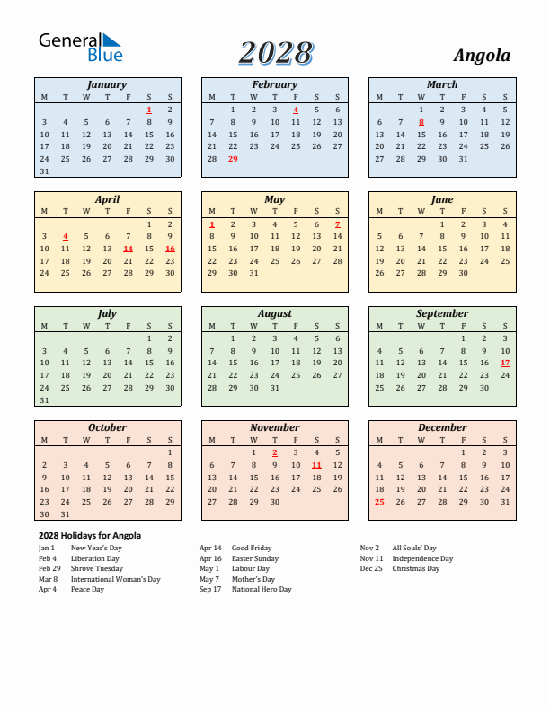 Angola Calendar 2028 with Monday Start