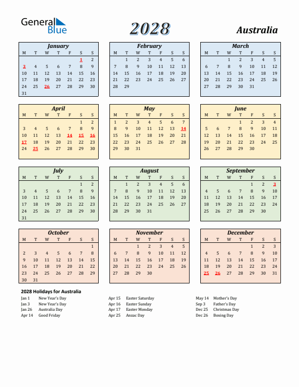 Australia Calendar 2028 with Monday Start