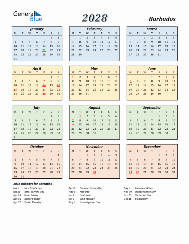 Barbados Calendar 2028 with Monday Start