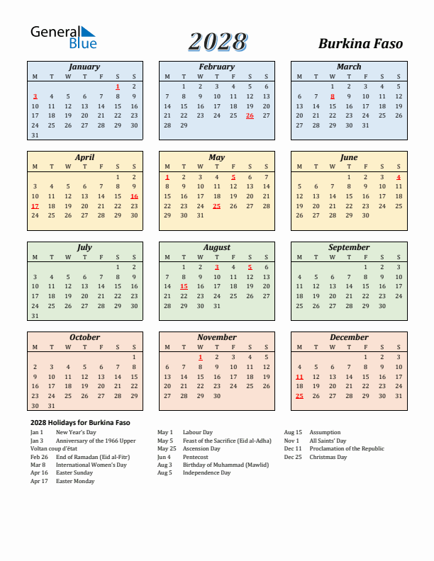 Burkina Faso Calendar 2028 with Monday Start