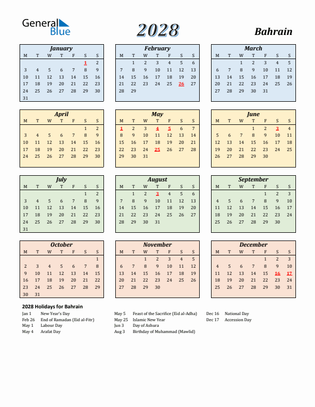 Bahrain Calendar 2028 with Monday Start