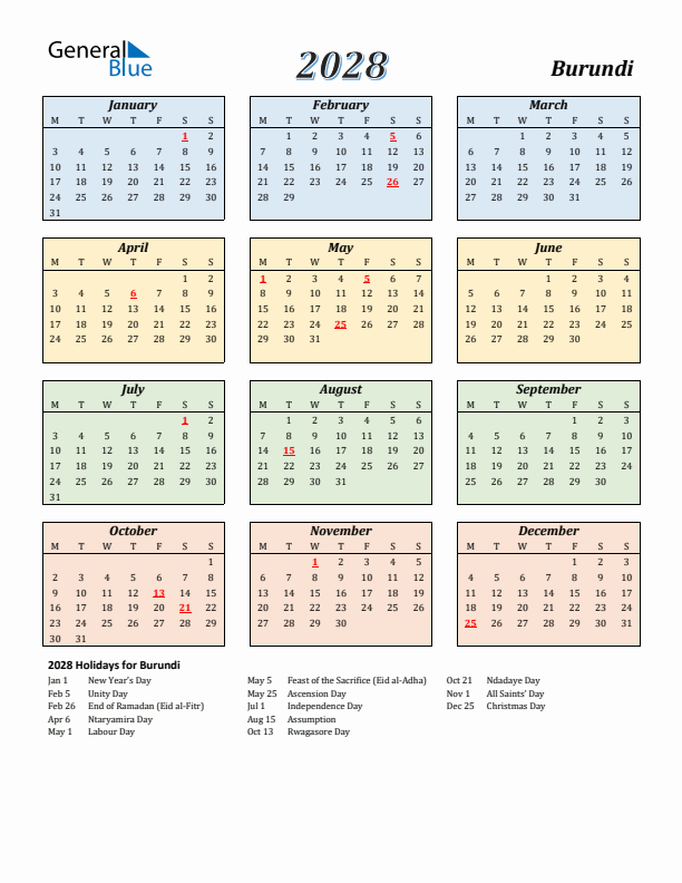 Burundi Calendar 2028 with Monday Start