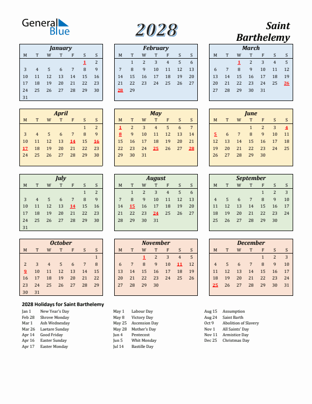 Saint Barthelemy Calendar 2028 with Monday Start