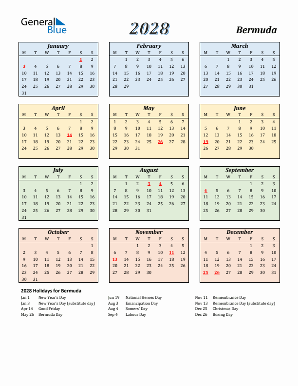 Bermuda Calendar 2028 with Monday Start