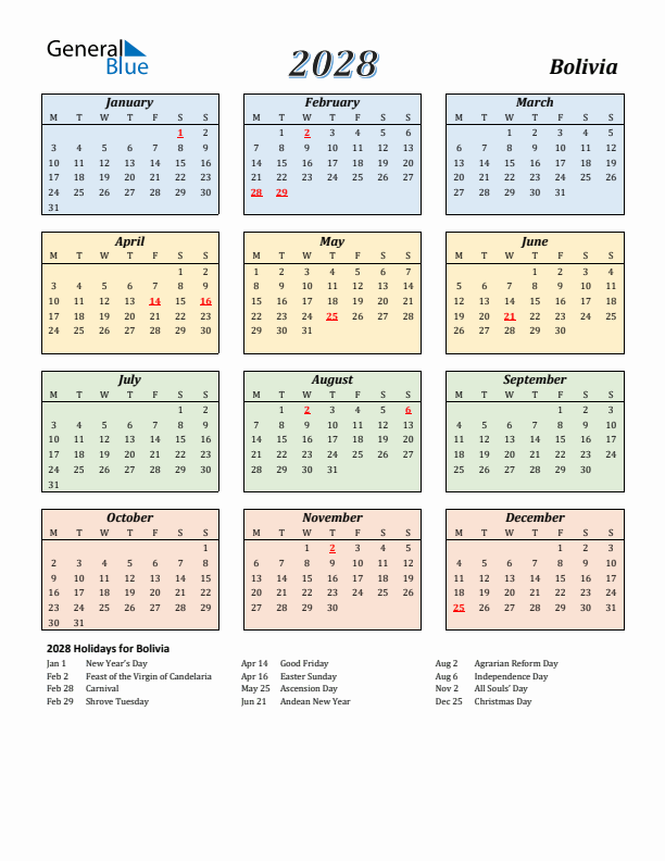 Bolivia Calendar 2028 with Monday Start