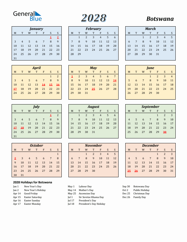 Botswana Calendar 2028 with Monday Start