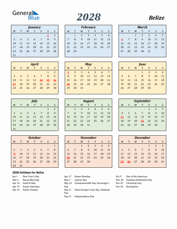 Belize Calendar 2028 with Monday Start