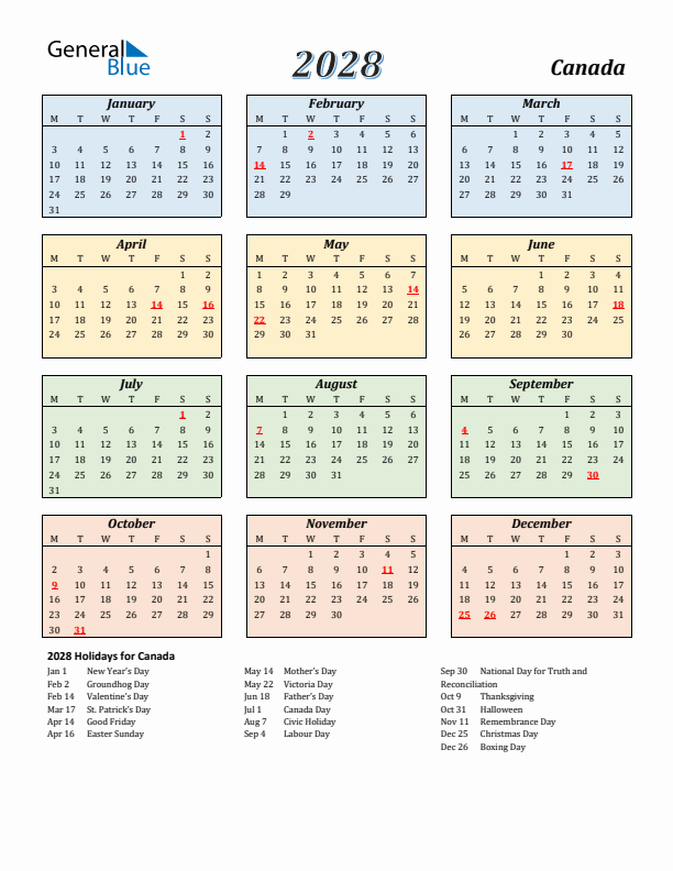 Canada Calendar 2028 with Monday Start