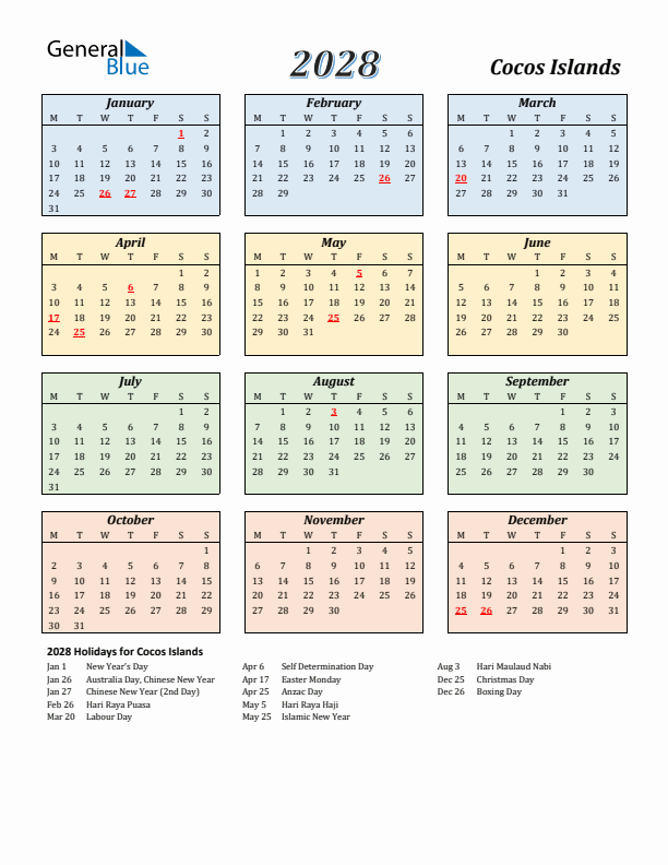 Cocos Islands Calendar 2028 with Monday Start