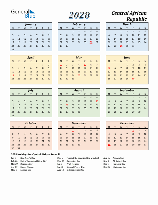 Central African Republic Calendar 2028 with Monday Start