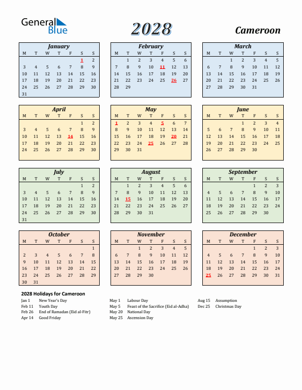 Cameroon Calendar 2028 with Monday Start