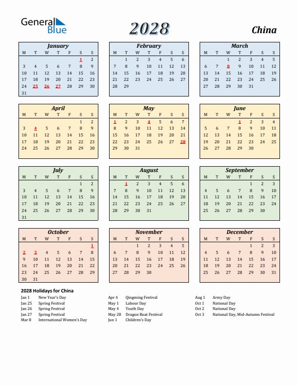 China Calendar 2028 with Monday Start