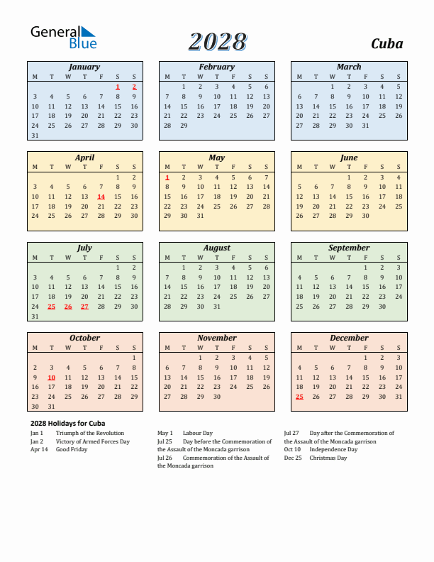 Cuba Calendar 2028 with Monday Start