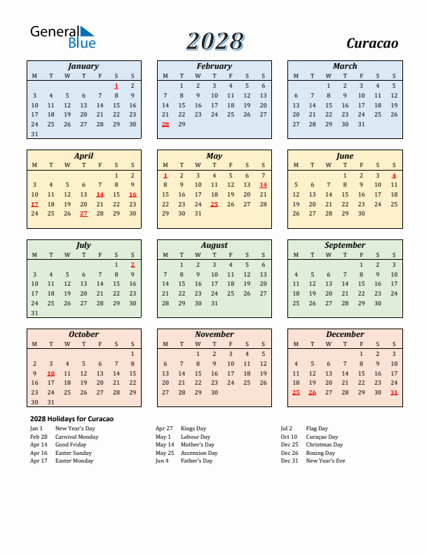 Curacao Calendar 2028 with Monday Start