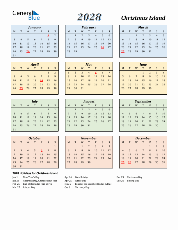 Christmas Island Calendar 2028 with Monday Start