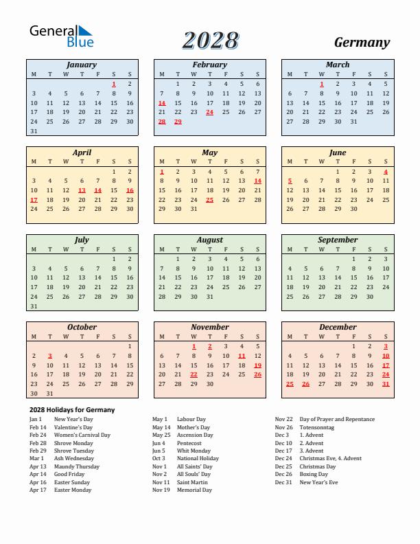 Germany Calendar 2028 with Monday Start