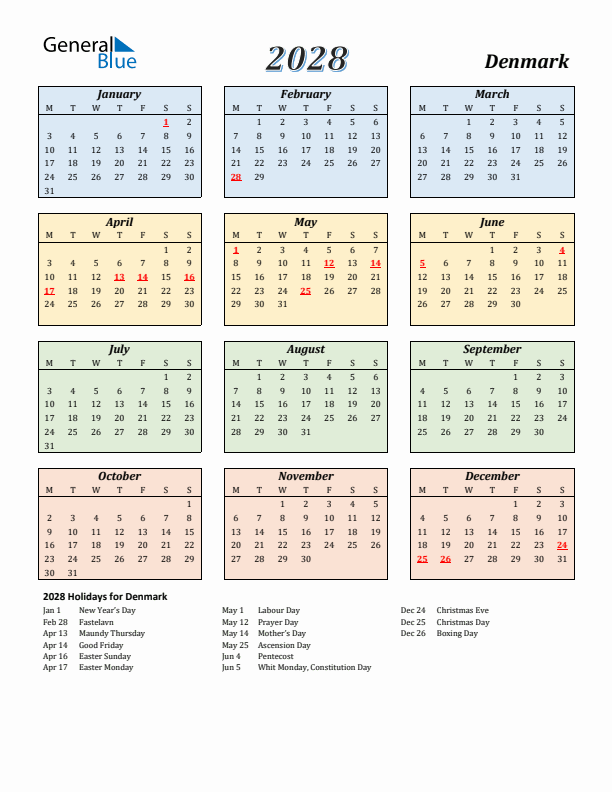 Denmark Calendar 2028 with Monday Start