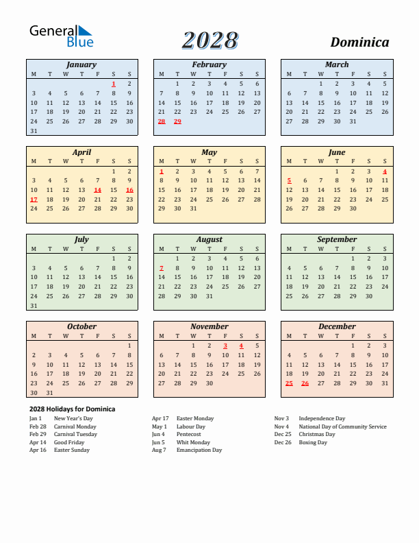 Dominica Calendar 2028 with Monday Start
