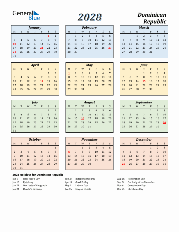 Dominican Republic Calendar 2028 with Monday Start