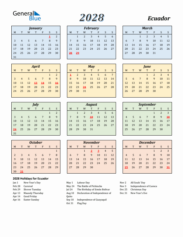 Ecuador Calendar 2028 with Monday Start