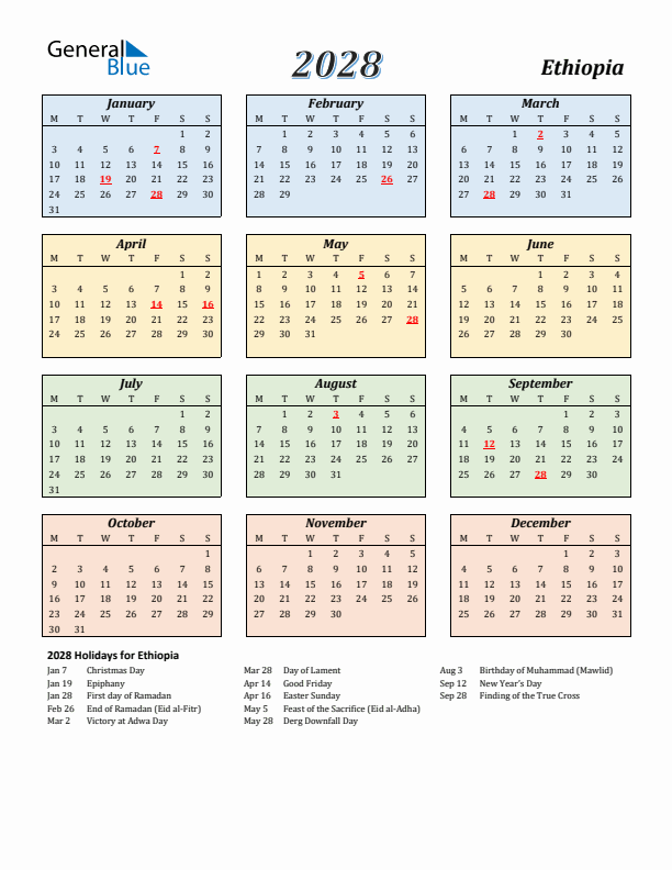 Ethiopia Calendar 2028 with Monday Start