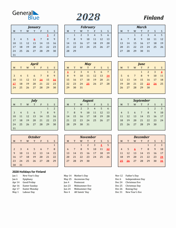 Finland Calendar 2028 with Monday Start