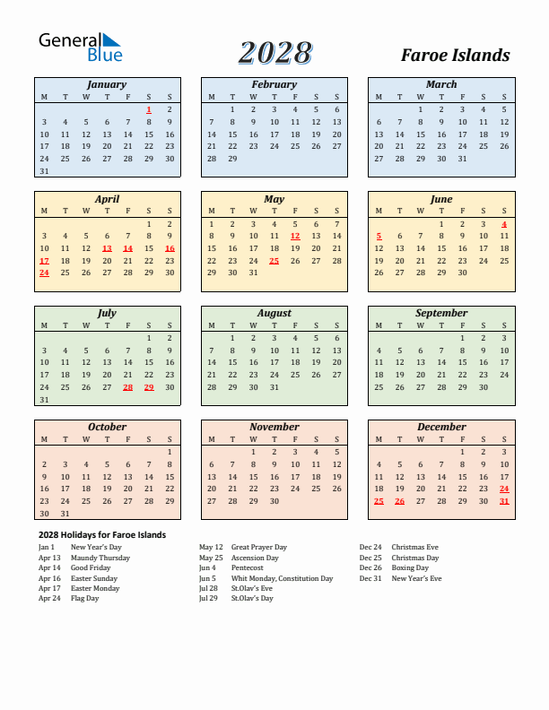 Faroe Islands Calendar 2028 with Monday Start