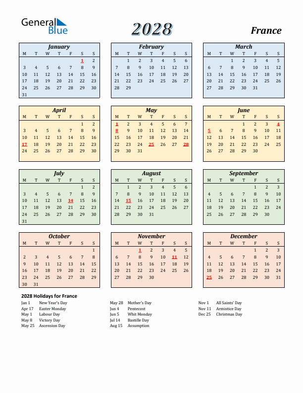 France Calendar 2028 with Monday Start