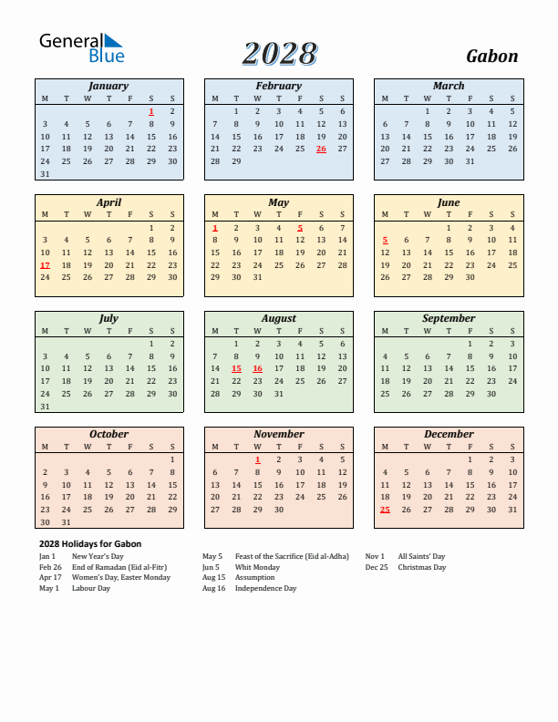 Gabon Calendar 2028 with Monday Start