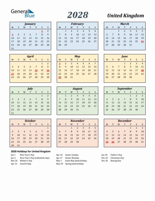 United Kingdom Calendar 2028 with Monday Start