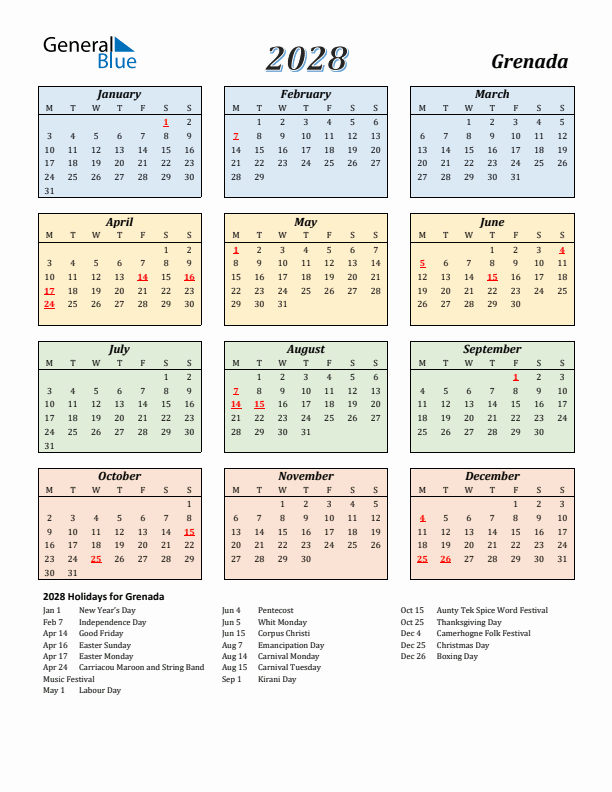 Grenada Calendar 2028 with Monday Start
