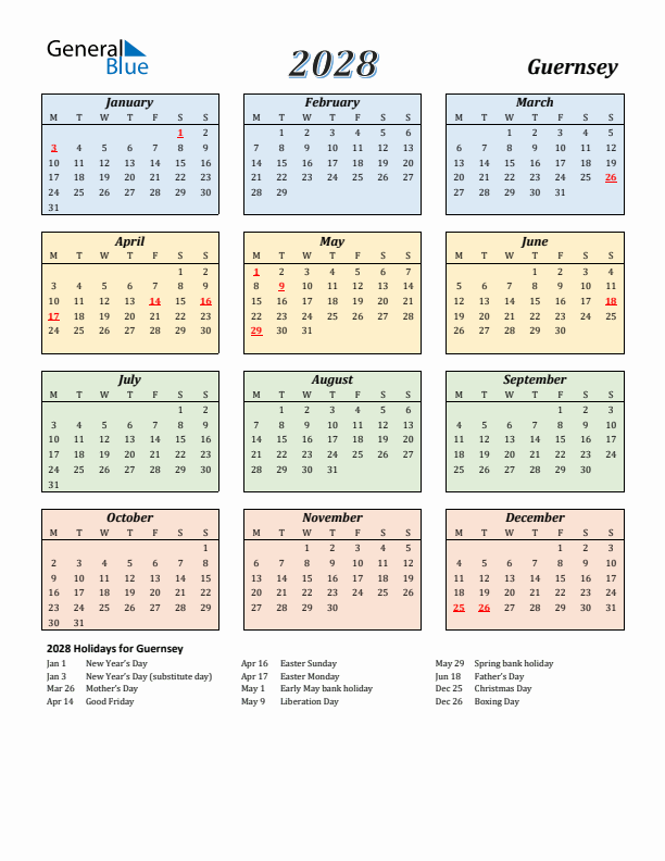 Guernsey Calendar 2028 with Monday Start