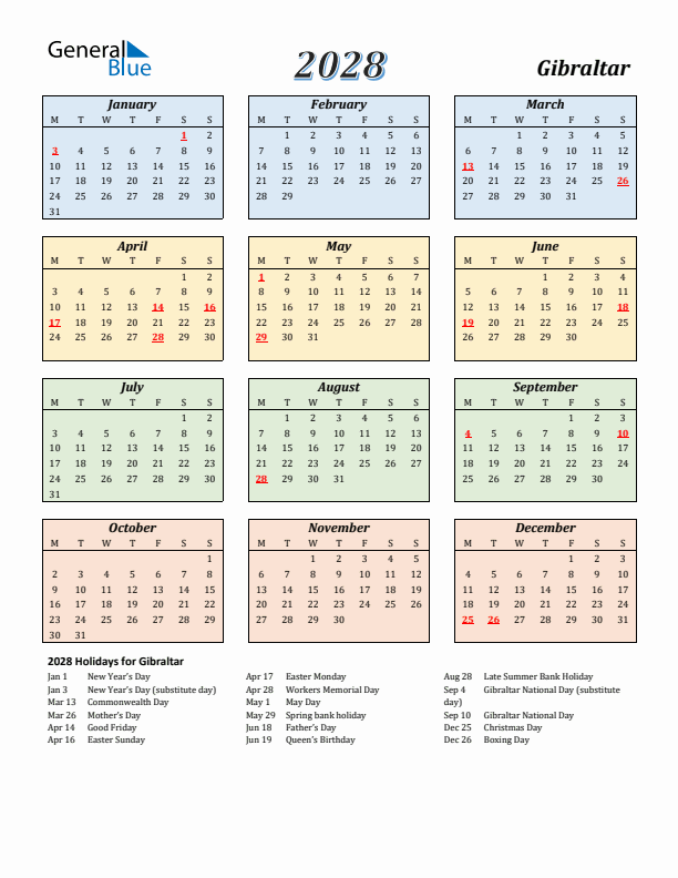 Gibraltar Calendar 2028 with Monday Start