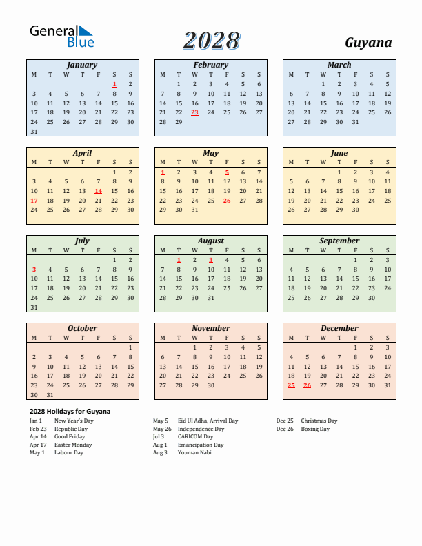 Guyana Calendar 2028 with Monday Start