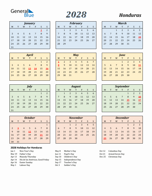 Honduras Calendar 2028 with Monday Start