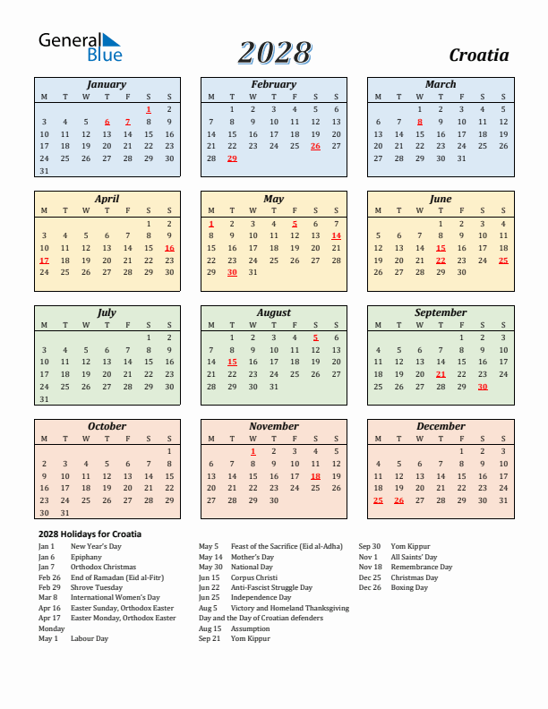 Croatia Calendar 2028 with Monday Start