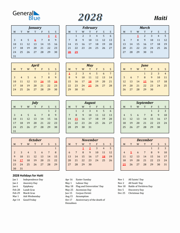 Haiti Calendar 2028 with Monday Start