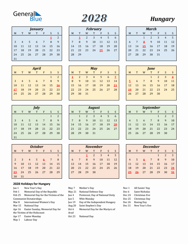 Hungary Calendar 2028 with Monday Start