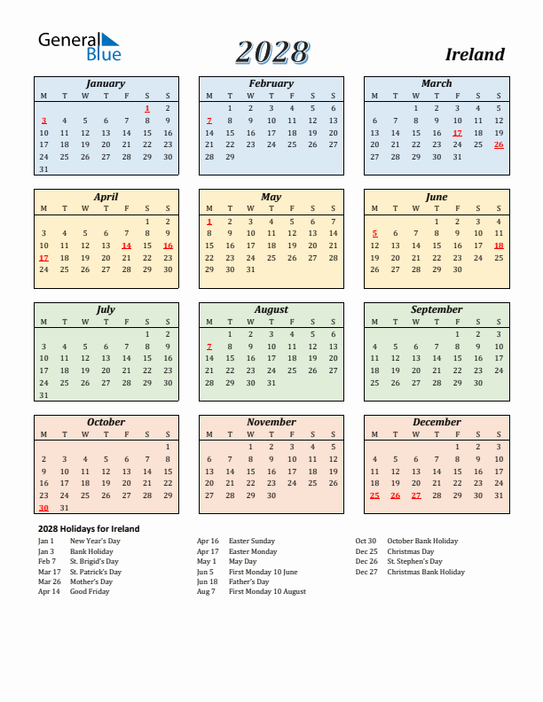 Ireland Calendar 2028 with Monday Start