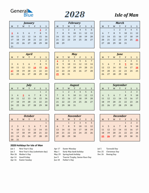 Isle of Man Calendar 2028 with Monday Start